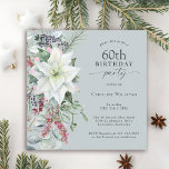 Convite Elegante Poinsettia Floral 60 de dezembro Aniversá<br><div class="desc">Com todas as vibrações festivas da época de Natal, este feriado de inverno, chamado design de 60ª festa de aniversário, apresenta um belo buquê em cascata de poinsetos brancos de aquarela e elementos florais vermelhos e verdes em um fundo azul empoeirado. Você pode editar a idade para qualquer idade, se...</div>