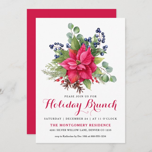 Convite Elegante Poinsettia Red Natal Brunay (Frente/Verso)