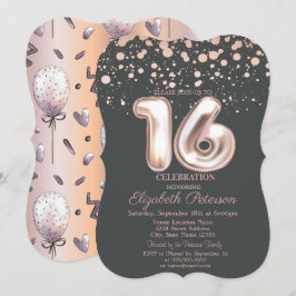 Convite Elegante Ponto em Ouro Rosa, Balões Sweet 16