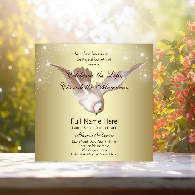 Convite Elegante Porta Dourada No Memorial De Amor (Elegant gold dove memorial service announcements. Simply add your event details.)