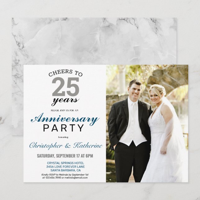 Convite Elegante Prata Bodas de Casamento de 25 Anos (Frente/Verso)