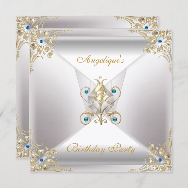 Convite Elegante Prata Branca Azul, Dourada, Aniversário (Frente/Verso)