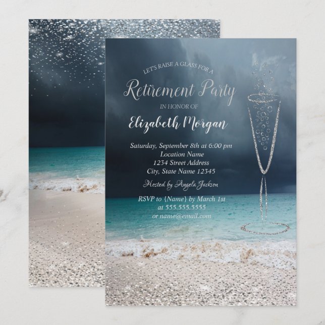 Convite Elegante Prata Confetti Glass Beach Retirement (Frente/Verso)