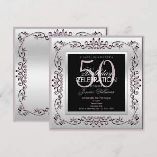 Convite Elegante Prata e Lilás para 50º Aniversário Femini