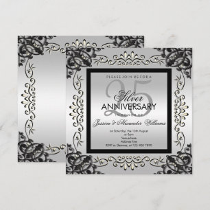 Convite Elegante Prata e Preto Aniversário de 25 Anos de C