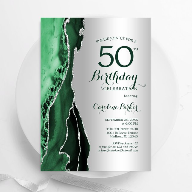 Convite Elegante Prata Emerald Green Agate 50º aniversário (Criador carregado)