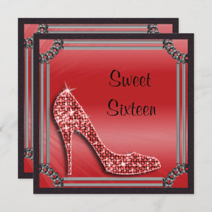 Convite Elegante Prata Enquadrada Red Stiletto Sweet 16