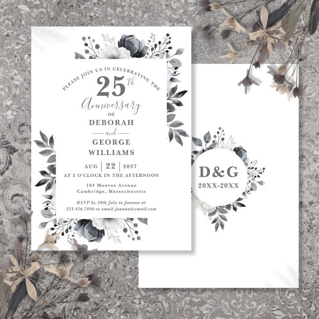 Convite Elegante Prata Floral 25º Aniversário de Casamento (Elegant Silver Floral 25th Wedding Anniversary Invitation)