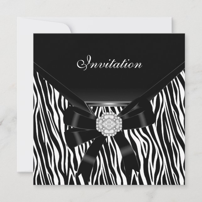 Convite Elegante Prata Preto Branco Joia Zebra (Frente)