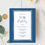 Convite elegante prateado azul de aniversário<br><div class="desc">Na frente: um fundo azul clássico com uma falso quadro prateado e branco. Simples e elegante! Modelos para um nome e detalhes da festa. O nome e o texto: 50º (ou qualquer idade) Aniversário são escritos com um guião estilo manuscrito, letras azuis. Perfeito para um inverno, primavera ou festa de...</div>