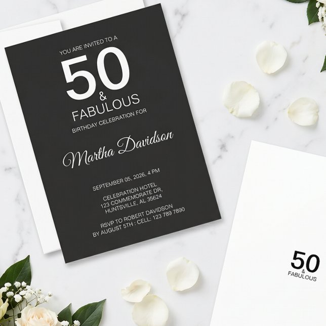 Convite Elegante Preto 50 & Fabuloso (50 & Fabulous Black Elegant Invite)