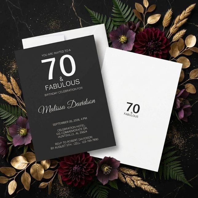Convite Elegante Preto 70 & Fabuloso (70 & Fabulous Black Elegant Invitation)