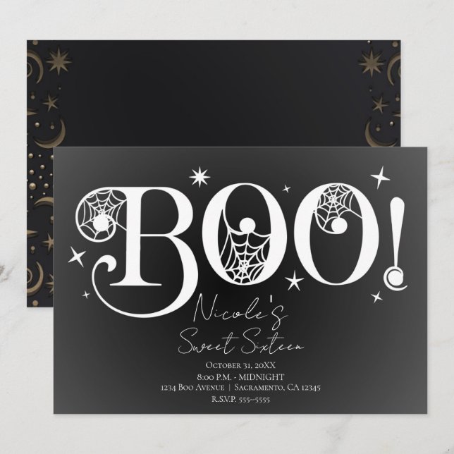 Convite Elegante Preto Branco BOO Mágico Halloween Doce 16 (Frente/Verso)