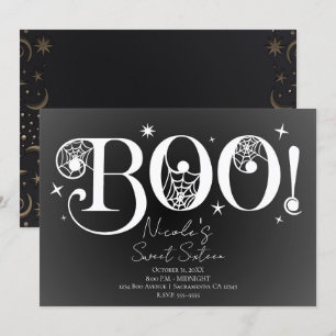 Convite Elegante Preto Branco BOO Mágico Halloween Doce 16