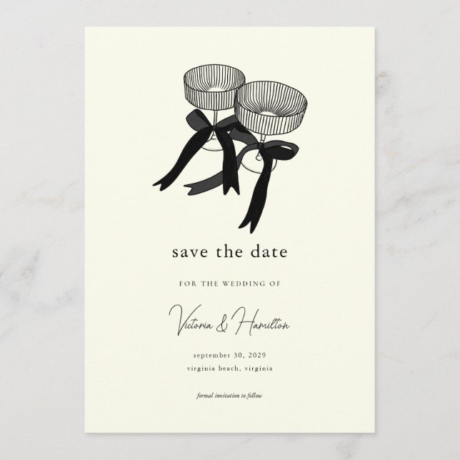 Convite Elegante Preto Branco Champagne Save the Date (Frente)