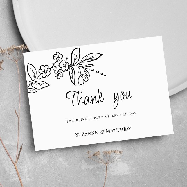 Convite Elegante preto branco simples floral Obrigado (Elegant black white simple floral Thank You )