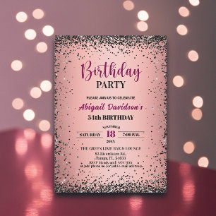 Convite Elegante Preto Brilho Metálico Rosa Aniversário de
