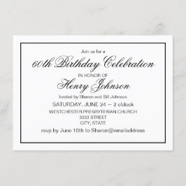 Convite Elegante preto clássico e branco 60º aniversário