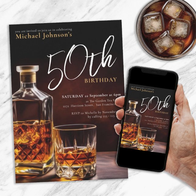 Convite Elegante preto Dourado 50º aniversário do Whiskey  (Elegant 50th Birthday Whiskey Black Gold Invitation)