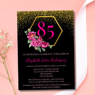 Convite Elegante Preto Dourado e Rosa Aniversário de 85 An