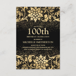 Convite Elegante Preto Dourado Floral Brilho 100º Aniversá