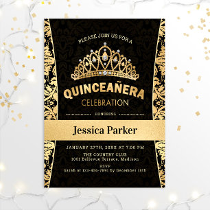 Convite Elegante Preto Dourado Quinceanera