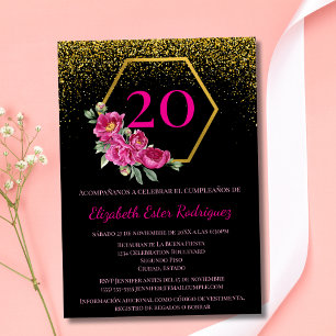 Convite Elegante Preto Dourado Rosa Aniversário de 20 Anos