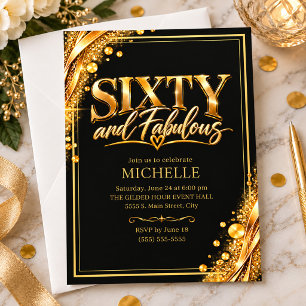 Convite Elegante Preto Dourado Sexagésimo Aniversário Fabu