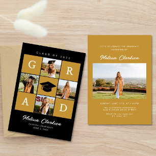 Convite Elegante Preto e Amarelo 4 Fotos de Formatura Grad