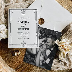 Convite Elegante Preto e Branco Casamento de Foto Atempo
