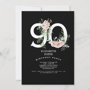 Convite Elegante Preto e Branco Rosa Rosa 90º