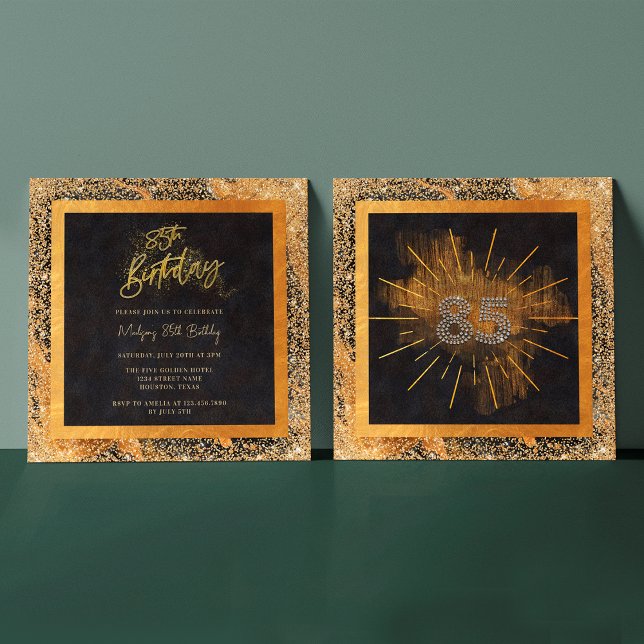 Convite Elegante preto e Dourada brilhante 85ª Festa de an (Front / Back)