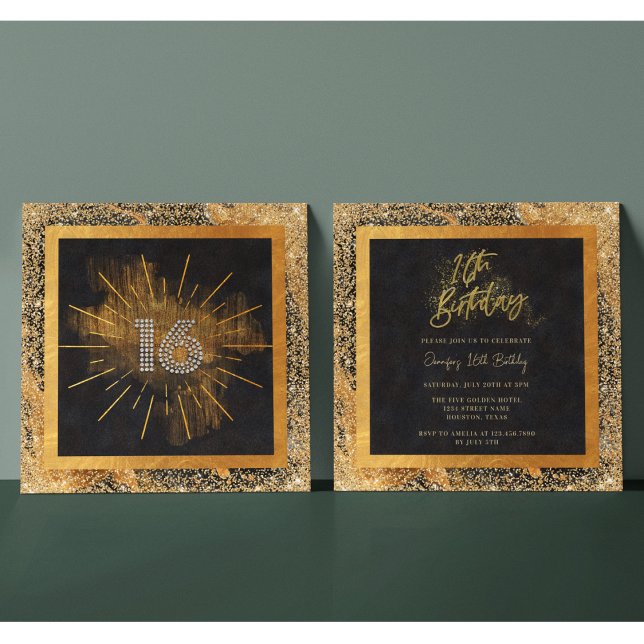 Convite Elegante Preto e Dourada Glitter 16ª Festa de aniv (Criador carregado)
