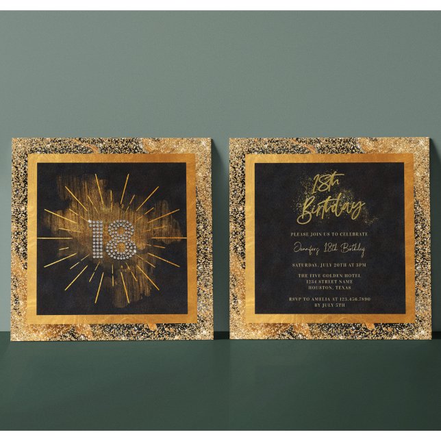 Convite Elegante Preto e Dourada Glitter 18ª Festa de aniv (Criador carregado)