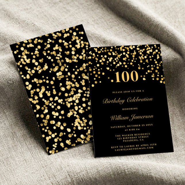 Convite Elegante Preto e Dourado Confetti 100h Aniversário (Criador carregado)