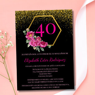 Convite Elegante Preto e Dourado Espanhol Aniversário de 4