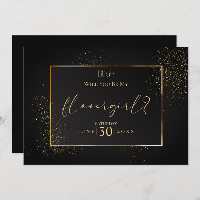 Convite Elegante Preto e Dourado  Você Será Minha Menina d (Frente/Verso)