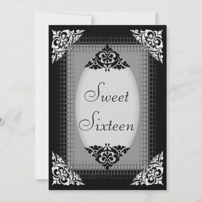 Convite Elegante Preto e Prata Sweet 16 (Frente)