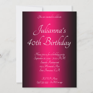 Convite Elegante Preto e Rosa Vibrante Ombre 40º Aniversár