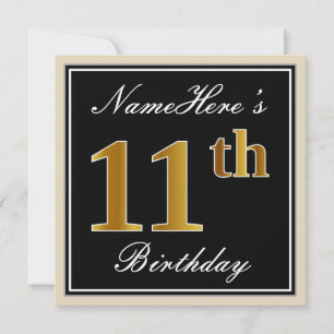 Convite Elegante, Preto, Falso Dourado Aniversário de 11 a