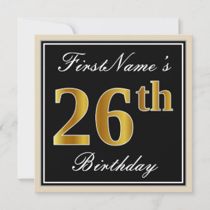 Convite Elegante, Preto, Falso Dourado Aniversário de 26 a