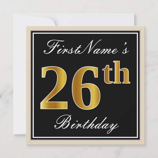 Convite Elegante, Preto, Falso Dourado Aniversário de 26 a (Frente)