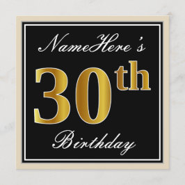 Convite Elegante, Preto, Faux Dourada aniversário de 30 an