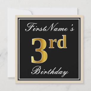 Convite Elegante, Preto, Faux Dourada aniversário de 3 an