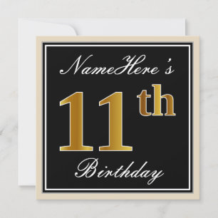 Convite Elegante, Preto, Faux Dourado 11 Aniversário + Nom