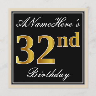 Convite Elegante, Preto, Faux Dourado 32º Aniversário + No