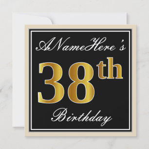 Convite Elegante, Preto, Faux Dourado 38º Aniversário + No