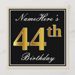 Convite Elegante, Preto, Faux Dourado 44 Aniversário + Nom
