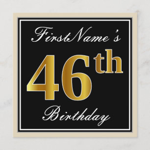 Convite Elegante, Preto, Faux Dourado 46º Aniversário + No