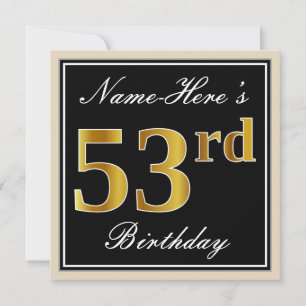 Convite Elegante, Preto, Faux Dourado 53º Aniversário +